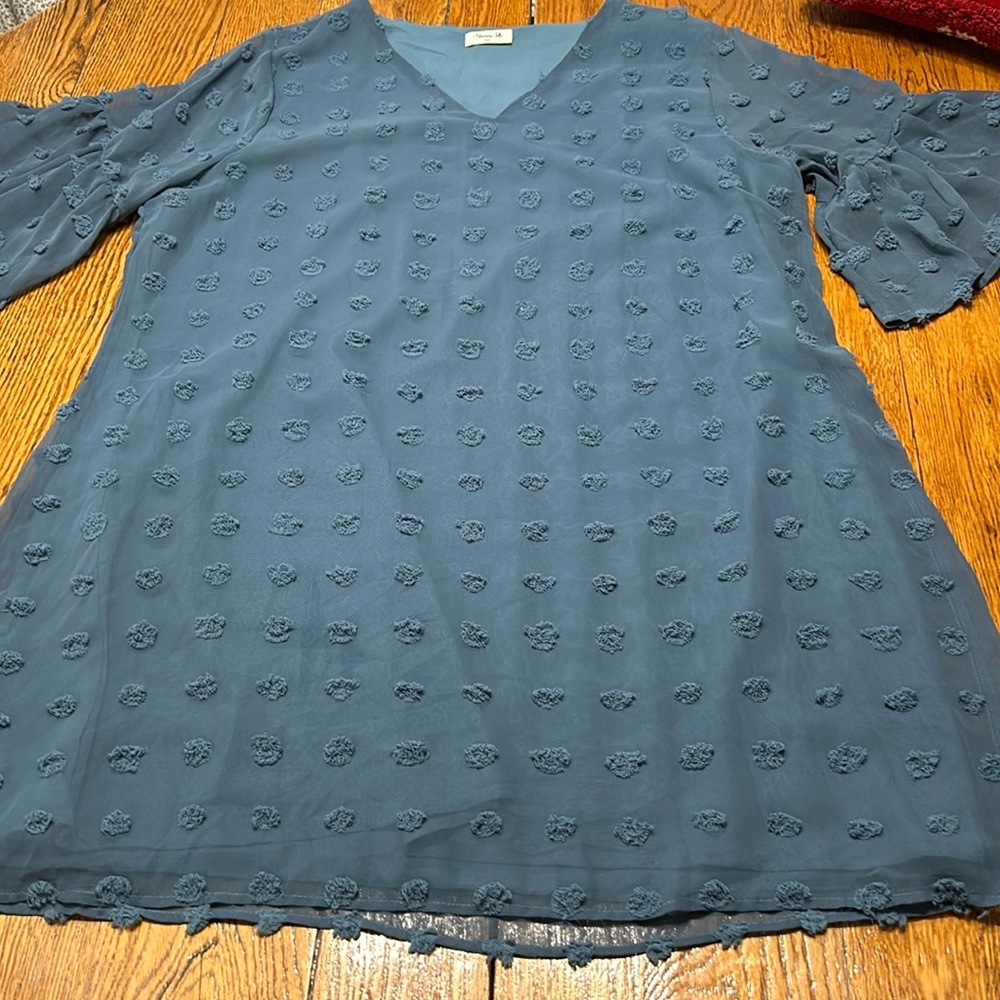 Blooming Jelly brand slate blue dotted Swiss bell sleeve V-Neck dress. Size XXL.